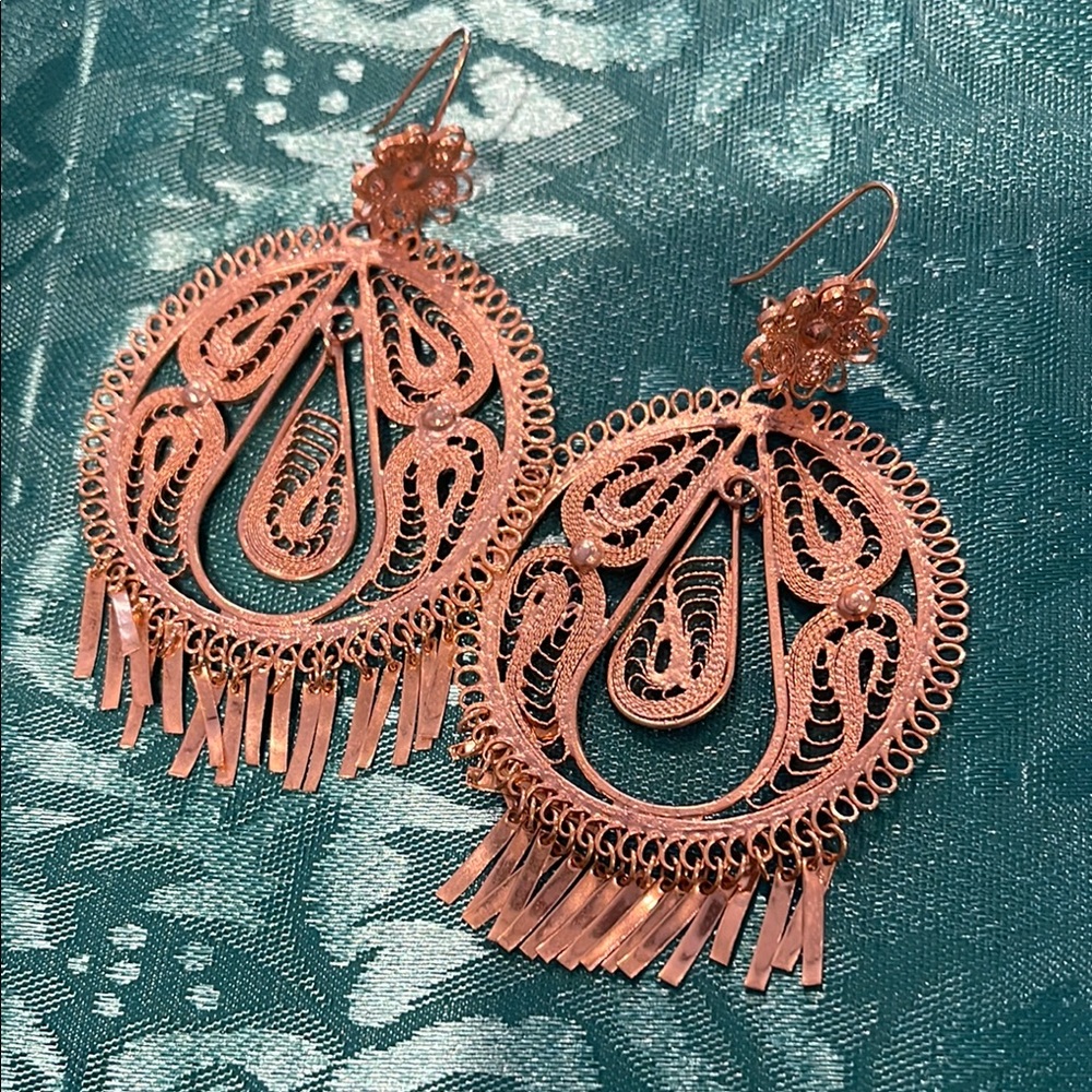 Gold Ornate Teardrop Earrings with Fringe